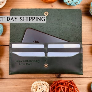Cartera de cuero verde para mujeres, cartera para mujeres, clutch de mujer de cuero, regalo para ella, cartera de cuero para mujeres, billetera de mujer grabada