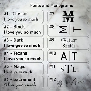 May include: A graphic showing 12 different font styles and monograms. Each style is numbered and includes the phrase "I love you so much" written in the font. The monograms include names like "Michael", "Robert Smith", and "Ana".