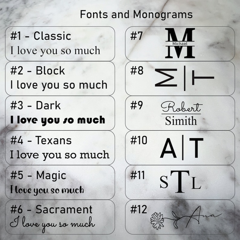 May include: A graphic showing 12 different font styles and monograms. Each style is numbered and includes the phrase "I love you so much" written in the font. The monograms include names like "Michael", "Robert Smith", and "Ana".