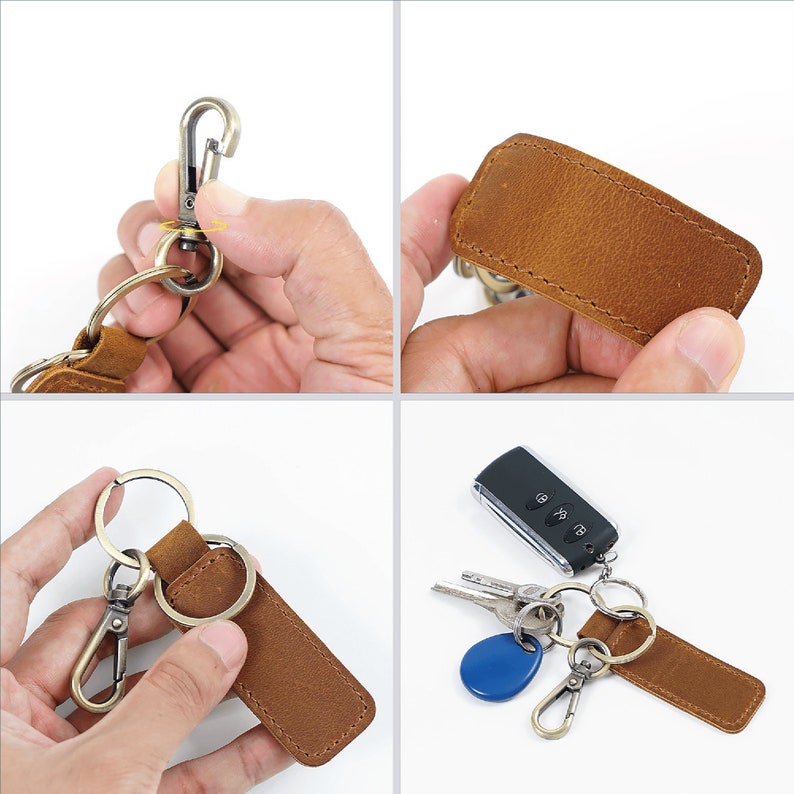 a hand holding a leather keychain with keys in it