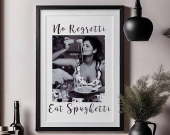 No Regretti – Eat Spaghetti Black & White Photo Poster | Modern Wall Art Print