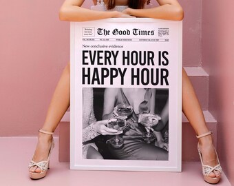 Happy Hour Newspaper Art Print: Black and White Fashion Poster