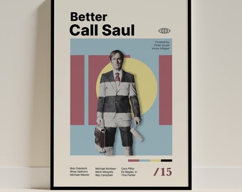 Puede incluir: Un póster para la serie de televisión "Better Call Saul" con un diseño de bloques de color y un retrato del personaje principal, Saul Goodman, en el centro. El texto "Better Call Saul" está en letras grandes y negritas en la parte superior del póster. El texto "Creado por Peter Gould, Vince Gilligan" está en letras más pequeñas en la esquina superior derecha del póster. El texto "/15" está en letras grandes y negritas en la esquina inferior derecha del póster.
