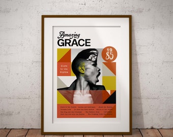 Grace Jones Vintage Poster – Iconic Black and White Portrait with Bold Colour Accents
