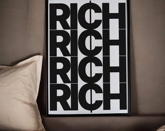 Retro Zitat Wandkunst - RICH Typografie Druck, Schwarz-Weiß-Poster für Zuhause oder Büro