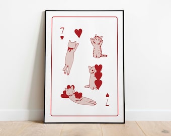 Adorable Cats 7 of Hearts Playing Card Poster