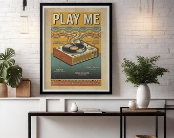 "Retro Plattenspieler ""Play Me"" Poster - Vintage Vinyl Kunstdruck."