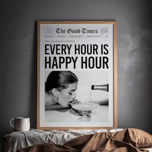 Happy Hour Art Print, Gazeta Print, Sztuka w akademiku dla dziewcząt, Dziewczyny bawiące się Print, Czarno-biały Print, Sztuka na wózku barowym, Moda Print