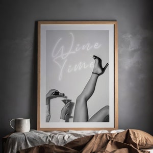 Póster de cóctel / Regalo para ella con vino / Arte mural tamaño A3 / Arte mural con alcohol / Arte mural de cocina en blanco y negro