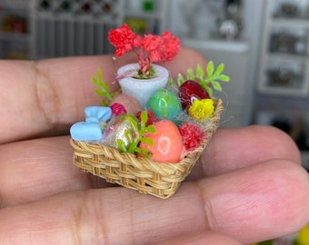 12th Scale Dollhouse Miniature Easter Eggs in a Woven Tray