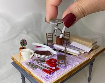 12th Scale Dollhouse Miniature Furniture / Craft Table Display / Miniaturist's Work Table Top Display Tray with Miniature Furniture