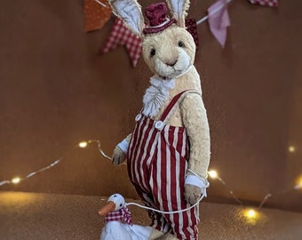 OOAK Teddy rabbit 9". Collectible teddy toy. Handmade staffed toy. Soft Teddy bear. Beige plush teddy bunny. Teddy rabbit in clothes.