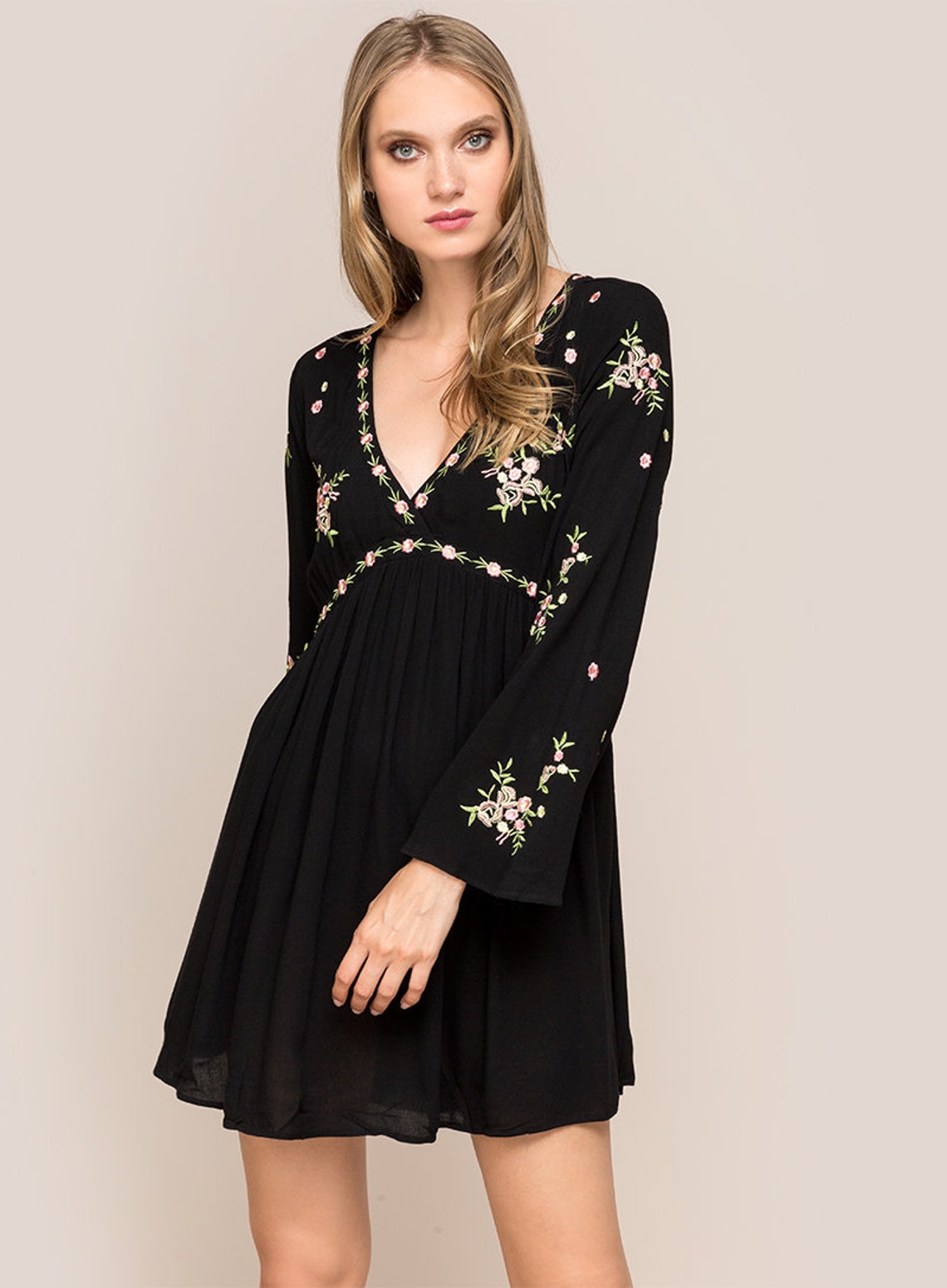 VNeck Embroidered Tunic Dress Etsy