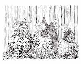 Four Fat Hens/Instant DIGITAL DOWNLOAD Coloring Page/Coloring ART/Black and White Drawing/Kids and Adults