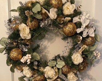 Winter/holiday wreath made with vintage ornaments from West Germany