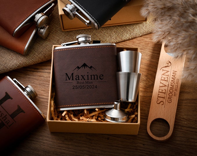 Engraved Leather Hip Flask with Personalized Touch,Customizable Leather Flask, Stylish Groomsmen Gift with Engraved Design,Best Man Gift