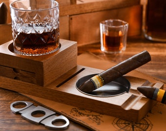 Personalized Cigar Holder, Cigar Ashtray,Personalized Cigar Holder, Ashtray, and Whiskey Rocks Glass Coaster Set,groomsmen gifts