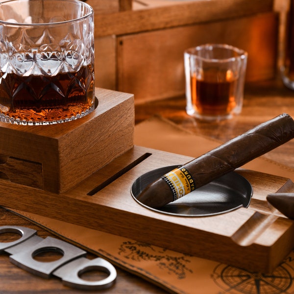 Personalized Cigar Holder, Cigar Ashtray,Personalized Cigar Holder, Ashtray, and Whiskey Rocks Glass Coaster Set,groomsmen gifts