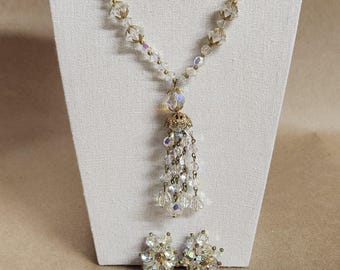 Conjunto de collar y pendientes con borlas de diamantes de imitación AB vintage, pendientes de clip Arora borealis