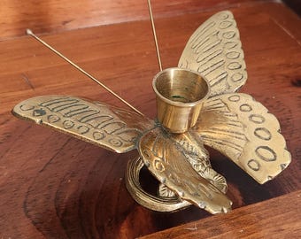 Candelabro de mariposa de latón vintage, decoración bohemia de mediados de siglo, candelabro único vintage de latón macizo mcm, decoración floral para el hogar