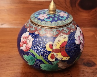 Tarro de jengibre chino vintage cloisonné, esmaltado azul cobalto, con motivos florales y de mariposas, con tapa, decoración asiática para el hogar, regalo coleccionable