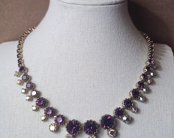 Gargantilla vintage con diamantes de imitación y amatista, estilo Riviere en tono dorado, cristales georgianos brillantes de color púrpura y AB, ¡magnífico!