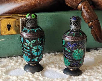2 Cloisonne Sterling and Enamel Perfume Bottles Vintage Antique