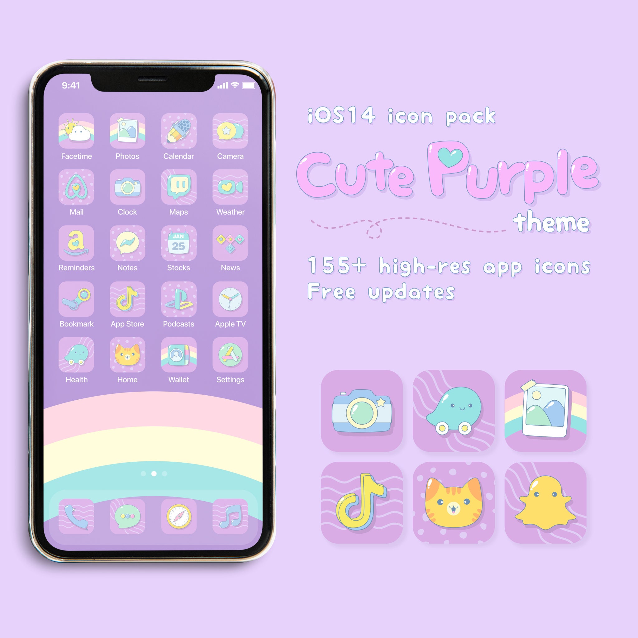 Cute Purple Ios Icons Kawaii Cats Icon Bundle App (Instant Download) 