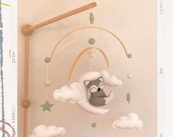 Sample sale, Nursery decor baby gift mobile felt grey fox mobile white star clouds Felt mobile woodland Crib mobile Animal kids gift