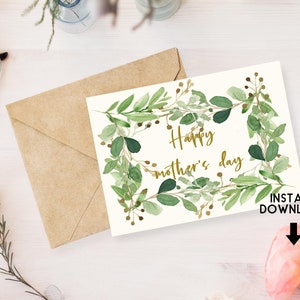 Printable Mother&#39;s Day Card, Greenery, Instant Download Greeting Card, Happy Mother&#39;s Day Card
