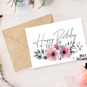 Cartão de aniversário para ela - para impressão, feliz aniversário, aquarela floral, download instantâneo, cartão comemorativo 5x7, mãe, irmã, esposa, avó