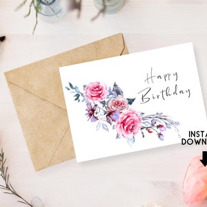 Birthday Card for Her - Printable, Happy Birthday, Watercolor Floral, Instant Download, 5x7 Greeting Card, Mother, Sister, Wife, Grandma