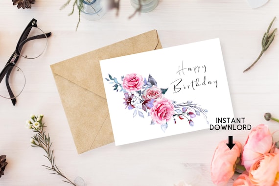 Watercolor Floral Birthday Card: Printable 5x7 Greeting (Instant Download)