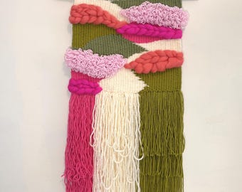 Vibrant Gardens Pink and Green Hand-Woven Wall Hanging | 16 x 26 Inch Tapestry Fiber Art