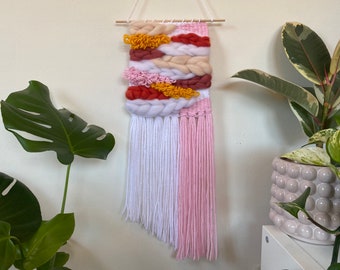 Pink and Yellow 6.5 x 18 Hand Woven Wall Hanging | Fiber Art