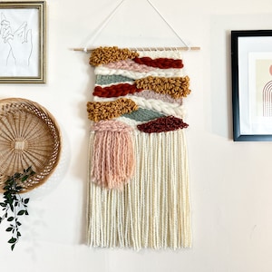 Large Cream, Sage, and Pink Boho Woven Tapestry 13 x 28 Inch Fiber Art Wall Hanging