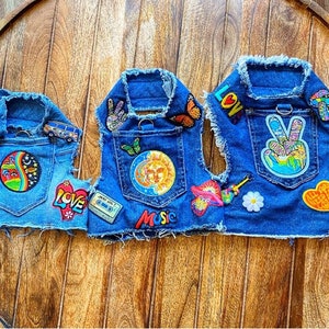 Custom sized for your dog! Hippie themed distressed denim jean jacket and harness/Upcycled Jeans/Dog Harness/Light or Dark Wash/HANDMADE