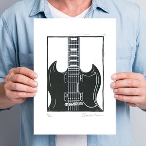 Gibson SG hand carved Linocut print, A4