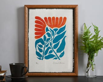 Red floral linocut on handmade paper, 210mm x 297mm