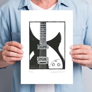 Rickenbacker 330 hand carved Linocut print, A4