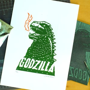 Godzilla Linocut print, A4
