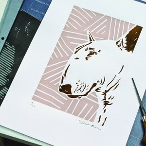 Bull Terrier Linolschnitt Druck, A4