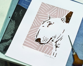 Bull Terrier linocut print, A4
