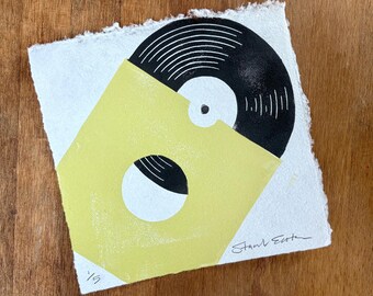 Vinyl record with green sleeve - linocut print on handmade paper, 150mm x 150mm