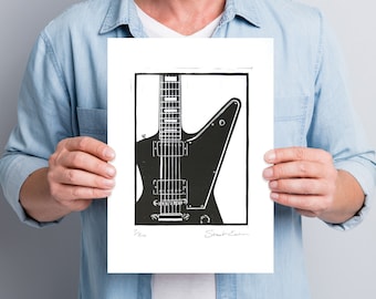 Gibson Explorer hand carved Linocut print, A4