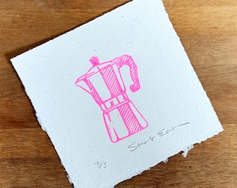 Stovetop Espresso maker pink linocut print, 150mm x150mm
