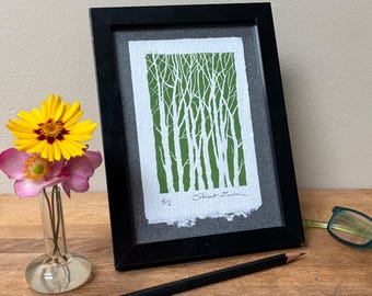 Silver Birch Trees - green linocut print, 93mm x 145mm