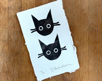 Two Black Cats - linocut print on handmade paper, 93mm x 145mm