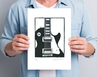 Gibson Les Paul hand carved Linocut print, A4
