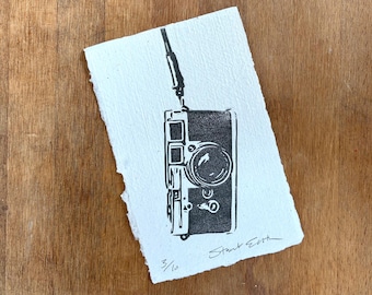 Vintage 35mm Camera - linocut print on handmade paper, 93mm x 145mm